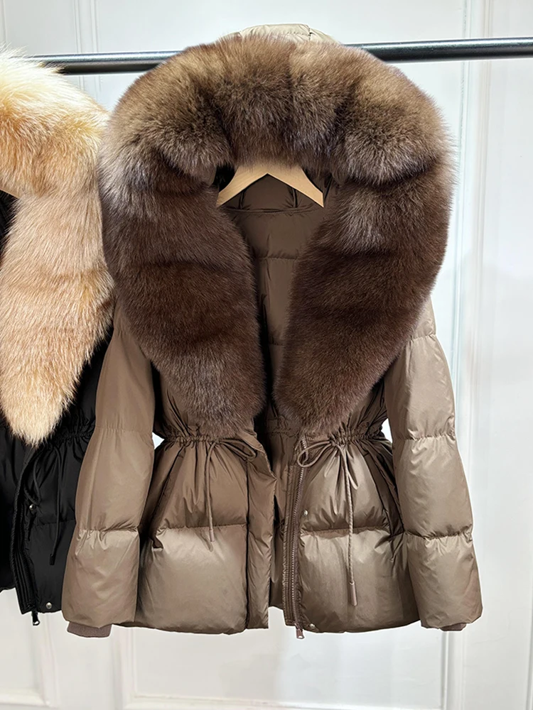 2026 New Winter Real Natural Fox Fur Collar Thick Wam Puffer Jacket Women Hooded Belt Slim White Duck Down Coat Waterproof Parka