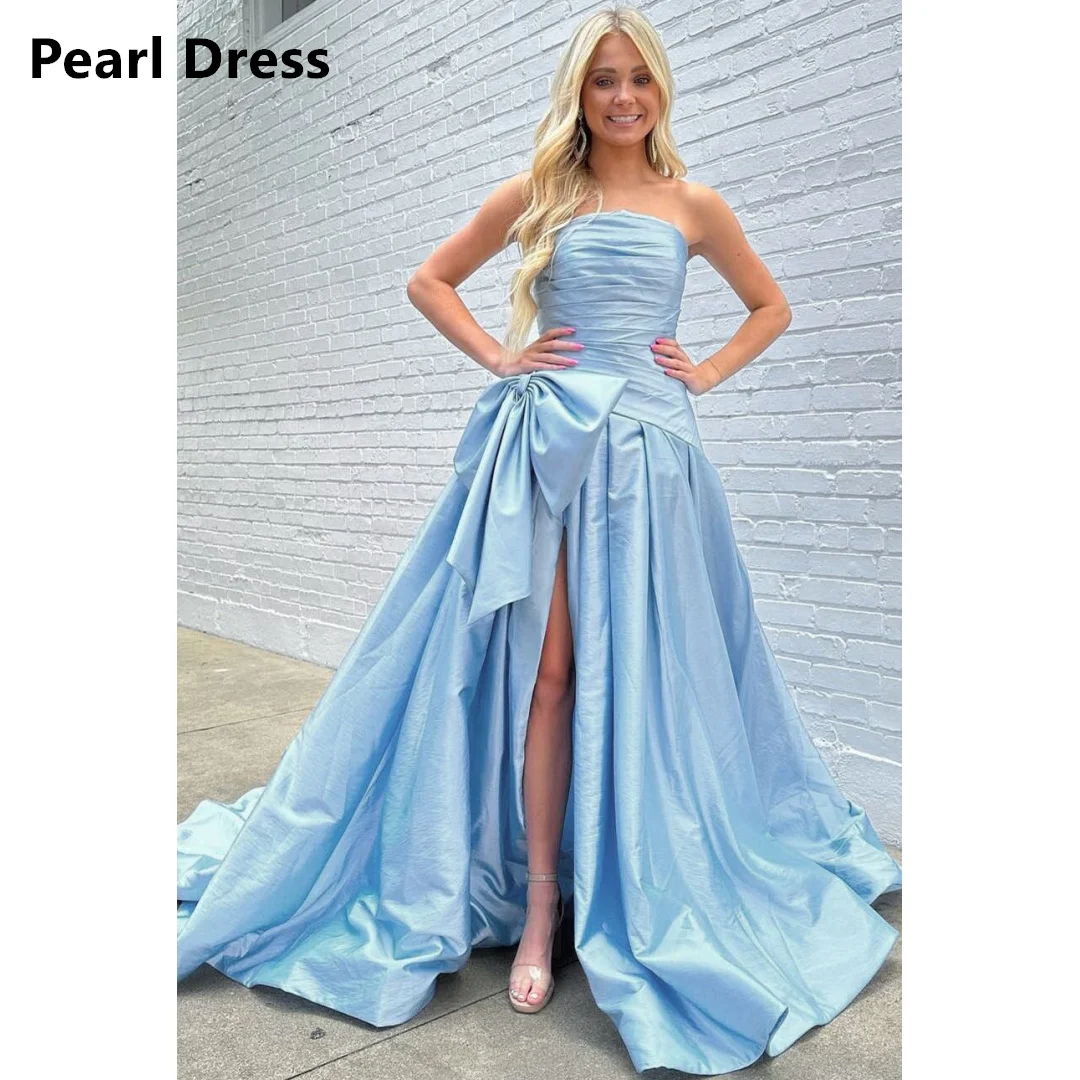 

Pearl Wedding Dress Line A Evening Dresses for Special Occasions Side Slit Satin Custom Made Ground Length Tube Top Bow Tie Prom