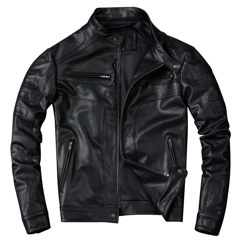 

Men Motorcycle Biker Jackets Slim Short Stand Collar Genuine Leather Clothes CoatVegetable Tanned Sheepskin Leather Jacket