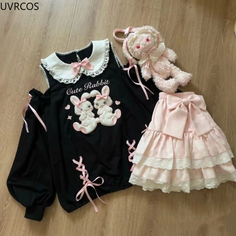 اليابانية الحلو لوليتا 2 قطعة مجموعات النساء لطيف القوس الكرتون الأرنب قبالة الكتف تي شيرت الوردي كعكة التنانير الصغيرة Kawaii Y2k وتتسابق #4
