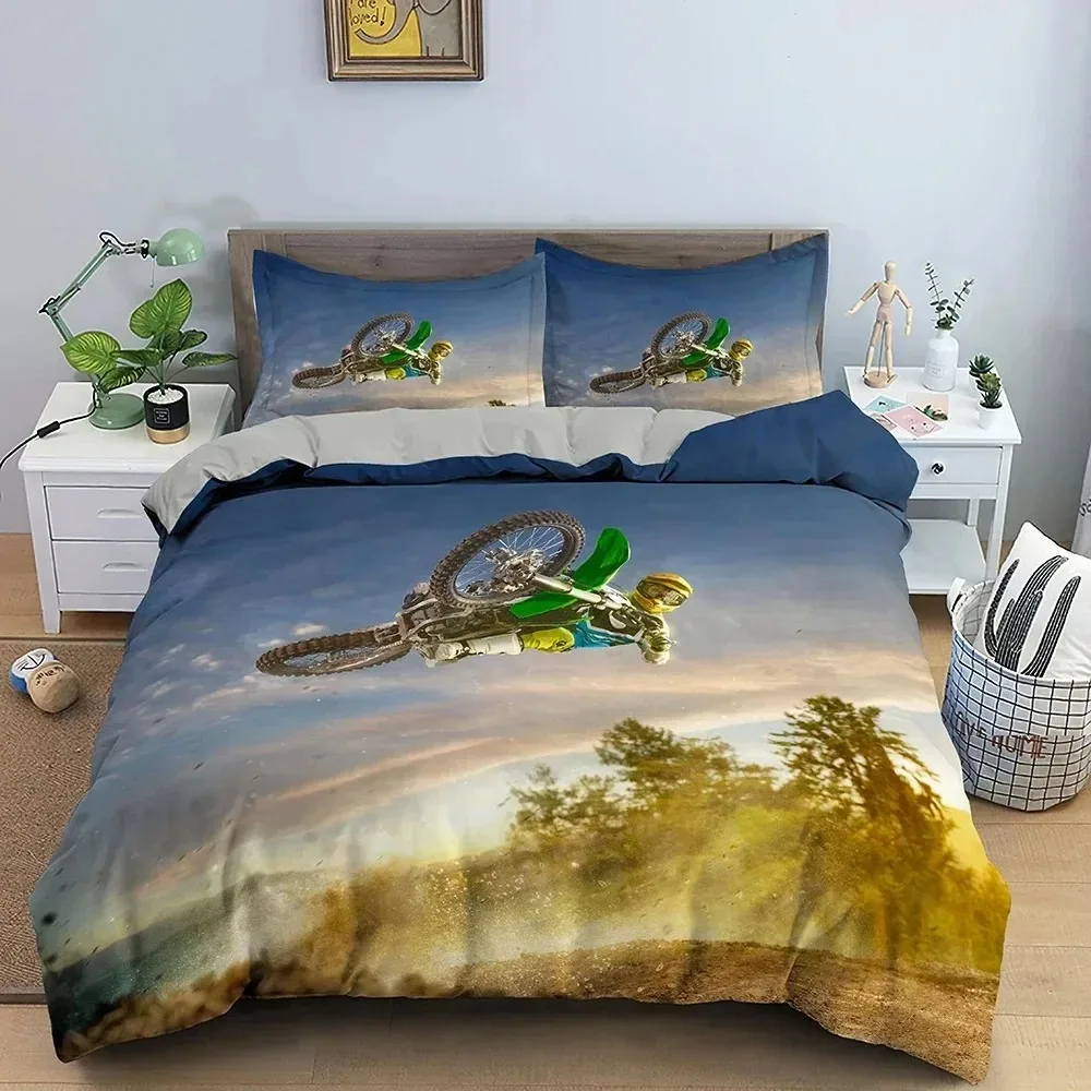 Motocross Off-road Race Motorcycle Dirt Bike Rider Bedding Set Boys Girls Twin Queen Size Duvet Cover Pillowcase Bed Kids