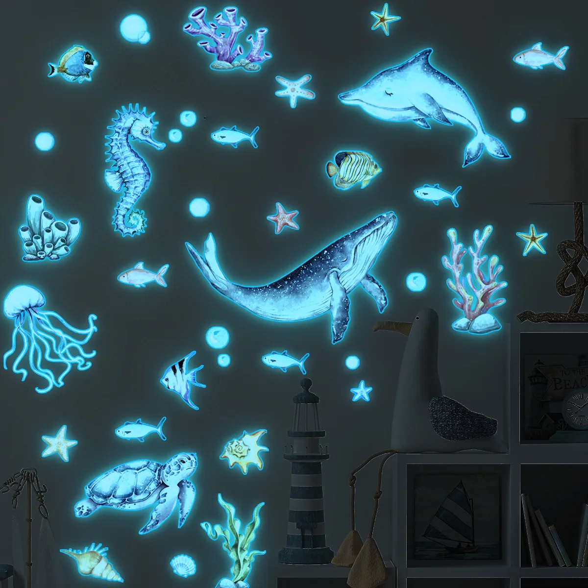 ملصق حائط على شكل حيوانات المحيط المضيء لديكور غرفة نوم الأطفال، ملصق الحوت الفلوريسنت يتوهج في الظلام لتزيين المنزل #5