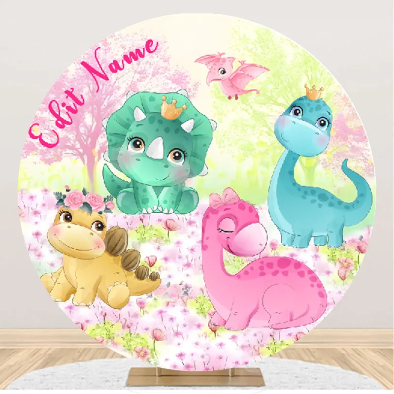 Cute Watercolor Dinosaurs Backdrop Photography Baby Shower Kids Birthday Round Pink Floral Background Party Banner Custom Name