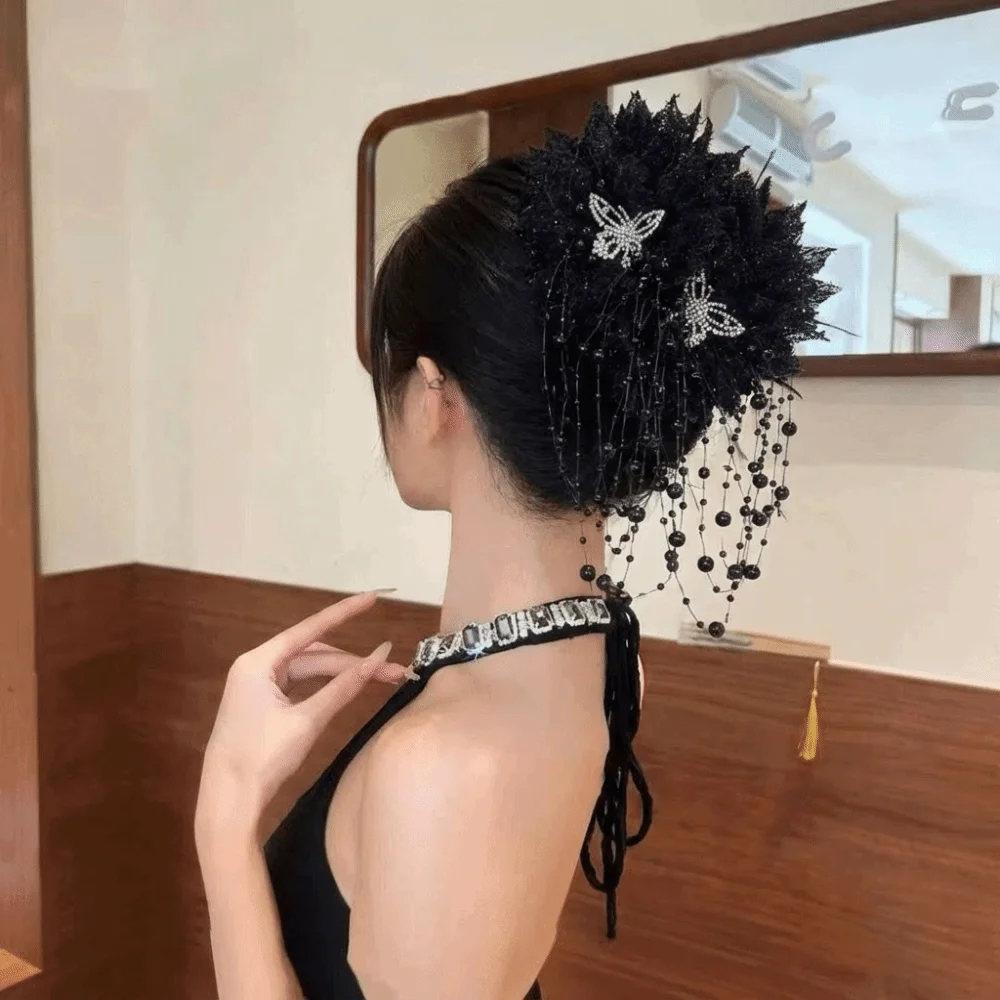 

Peony Flower Pearl Tassel Shark Clip Sequin Plastic Shark Clip Hairpin Double Flower Diamond Butterfly Flower Clip