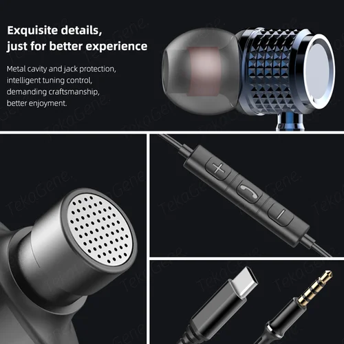 Imagen 2 del producto Auriculares USB tipo C, auriculares intrauditivos de graves pesados de Metal con reducción de ruido, auriculares con cable de 3,5mm y micrófono para Samsung Galaxy iPhone