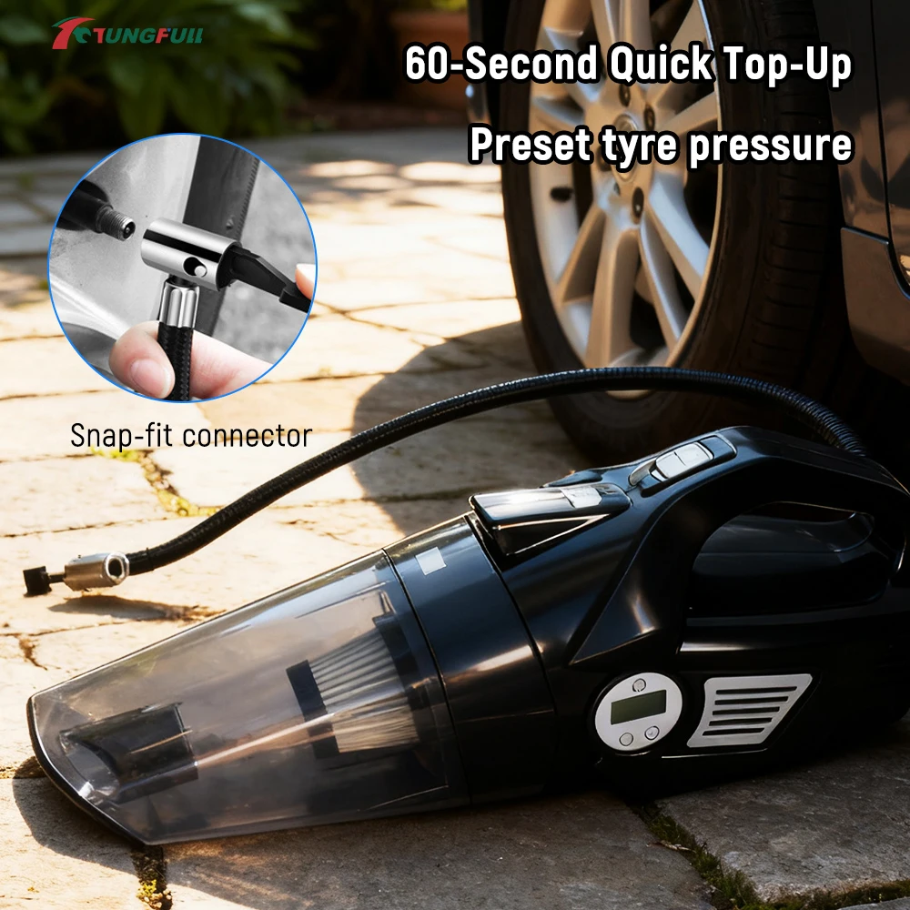 4‑in‑1 Car Vacuum Cleaner Digital Tire Inflator Air Compressor 12V Wired / Cordless Handheld Auto Vacuum For Car Cleaning Inflat