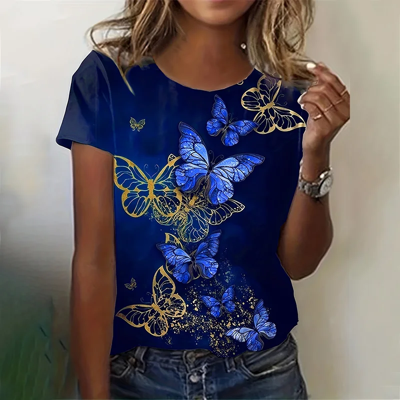 Fashion Women's Crew Neck Short Sleeve T-shirt Printed 3D Butterfly Oversized Women's Loose Top T-shirt Summer Casual T-shirt