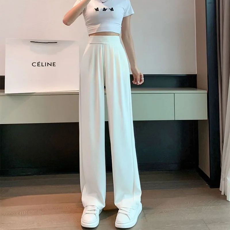 

Классические универсальные широкие брюки, летние прямые брюки с высокой талией, простые повседневные брюки с высокой контрастной волшебной лентой, костюмные брюки