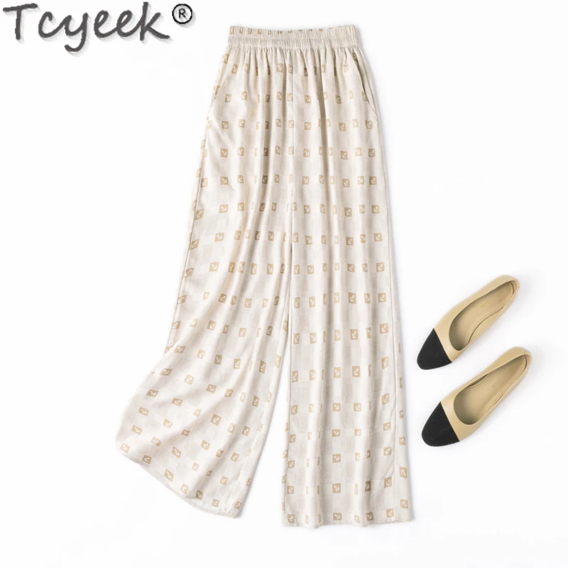 Tcyeek 100% Mulberry Silk Pants Woman Trousers Spring Ankle-length Pants for Women Clothes 2024 Summer Wide Leg Pants Streetwear