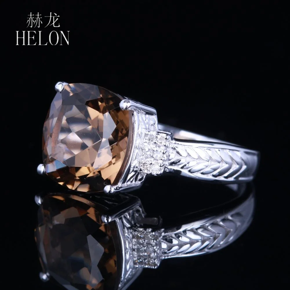 HELON Solid 14K White Gold Ring Flawless Cushion 10mm Smokey Quartz Topaz Diamonds Engagement Ring Women Romantic Gift Jewelry