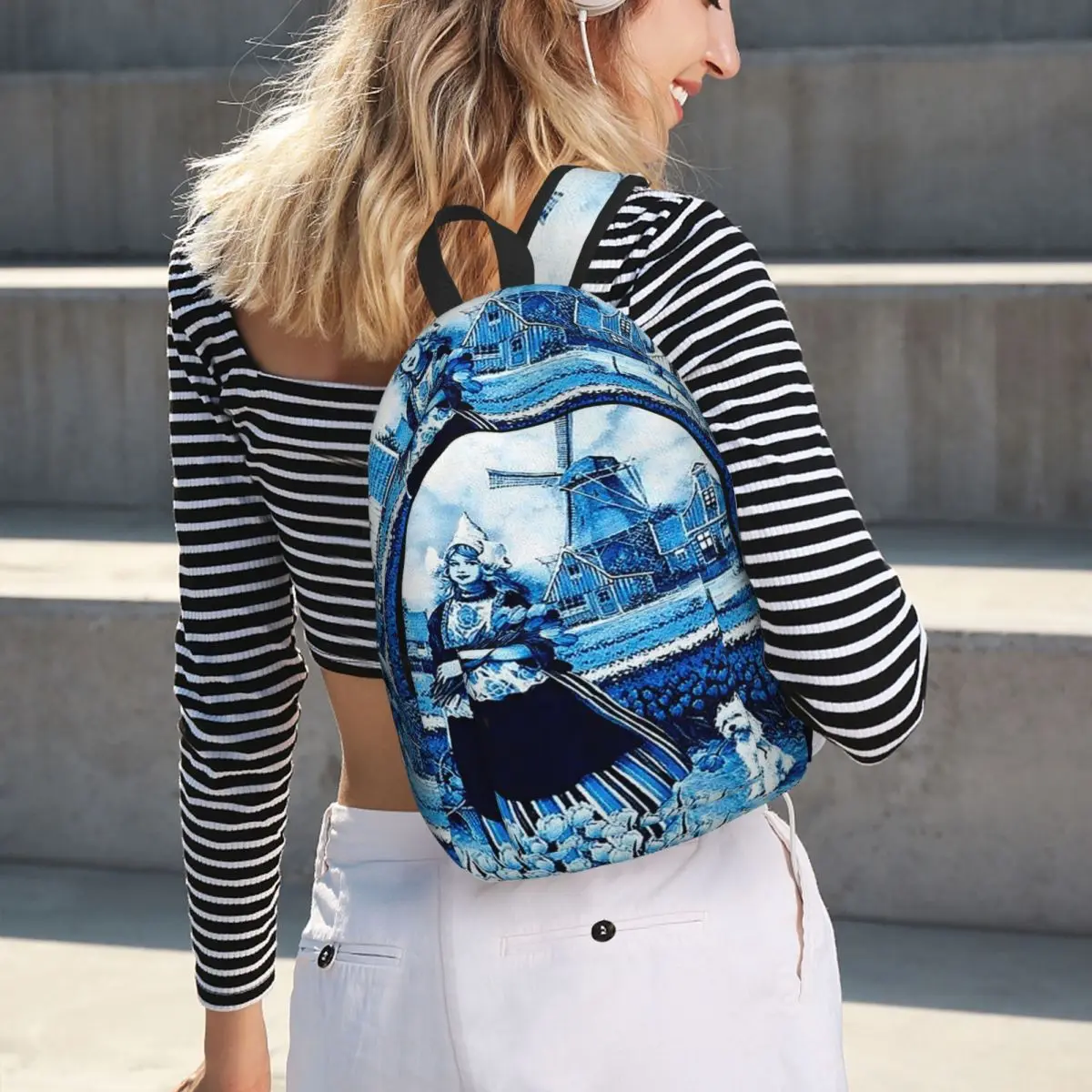 Dutch Blue Delft Windmill Art Student Backpack School Bag Hiking Travel Daypack for Men Women Bookbag Shoulder Bags