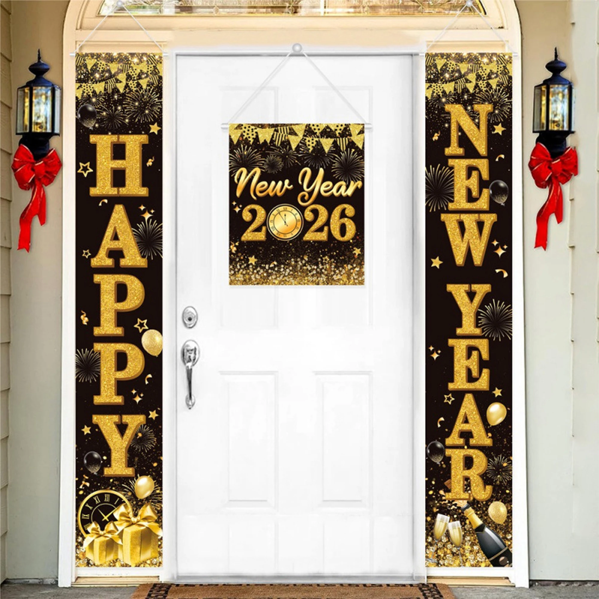 2026 زينة السنة الجديدة الذهب الأسود سنة جديدة سعيدة لافتة الباب ديكور معلق لقضاء عطلة حفلة احتفال المنزل احتفالي #6