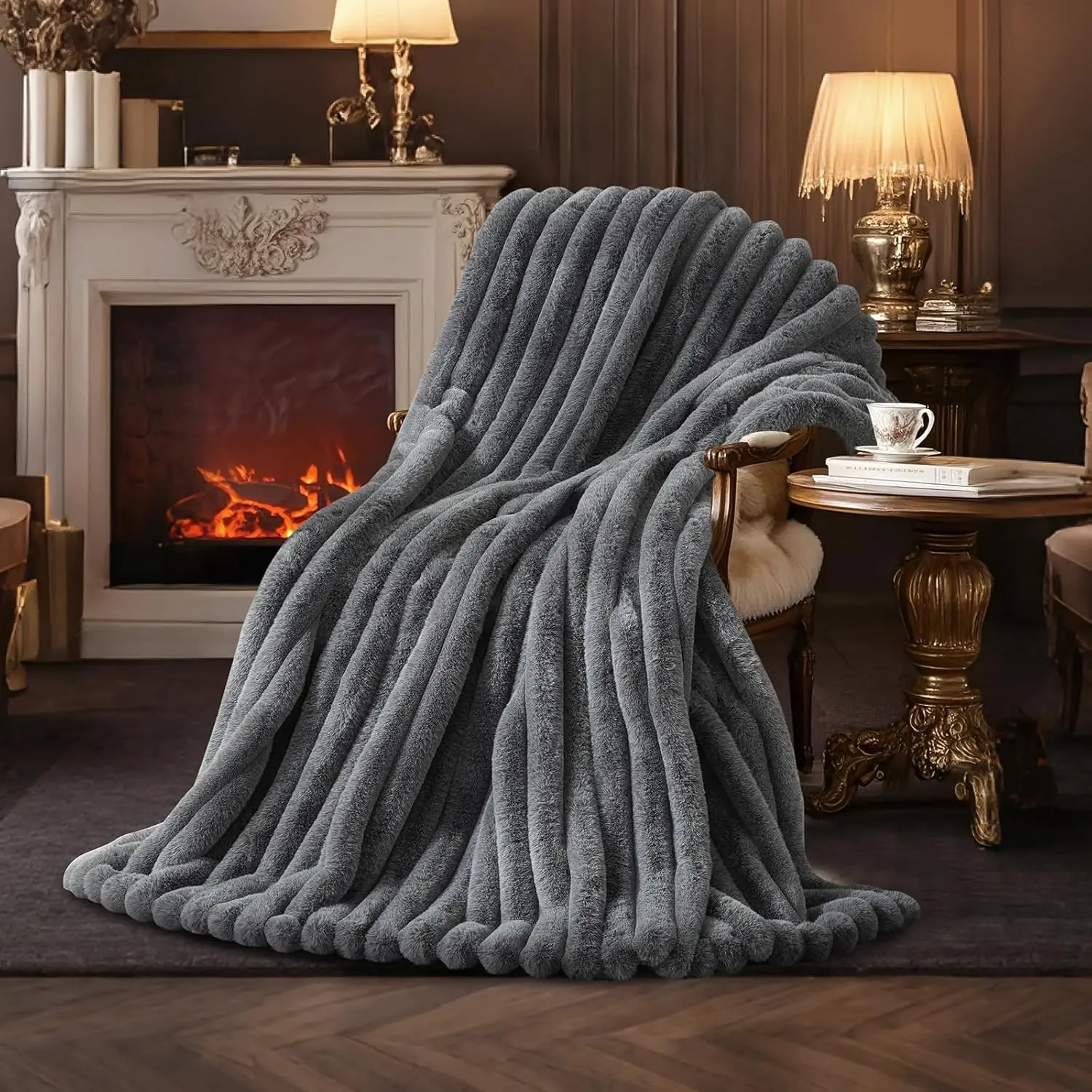 

Luxurious Faux Fur Throw Blanket, Ultra Cozy Soft Striped Plush for Couch Bedroom, 55x70 Inches, Wolf Gray