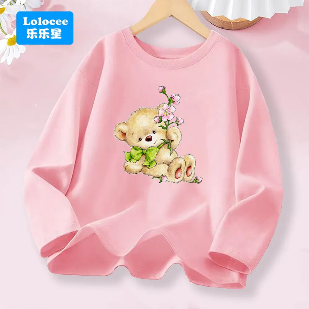 

Girls' Spring Autumn long Sleeve T-shirt- Cute Bear with Flowers Print Kids Top Soft Cotton Clothes