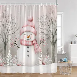 Pink Christmas Snowman Shower Curtains Winter Forest Watercolour Art Xmas New Year Home Bathroom Curtain Decoration With Hooks