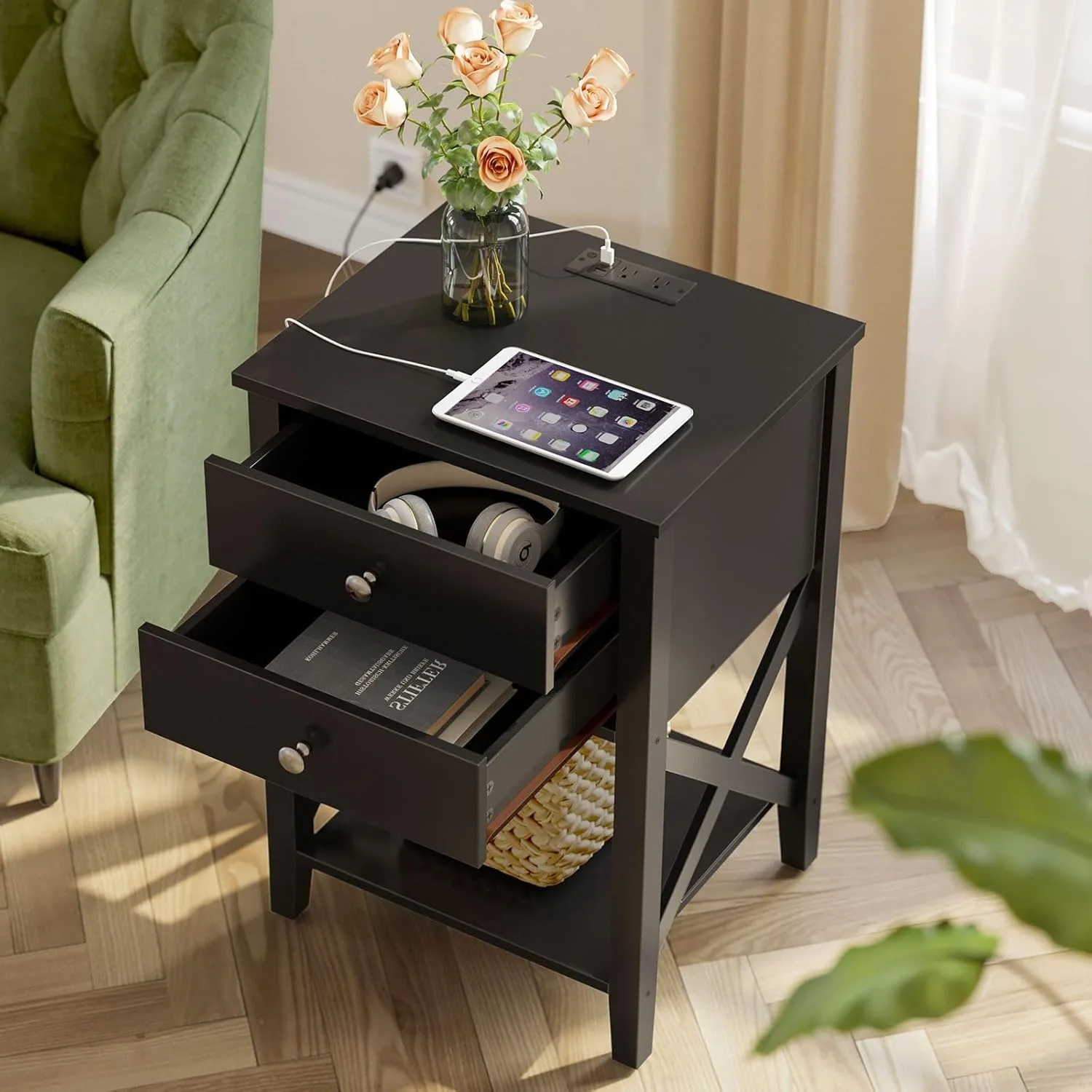 Nightstand with Charging Station,Night Stand with 2 Drawers,2 AC & USB Power Outlets, Accent Bed Side Table with Storage Shelf ﻿