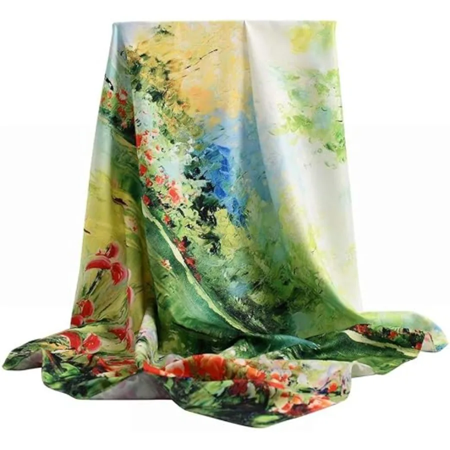 Pañuelo de Seda 100% Morera - Estampado o de Color Liso, Cuadrado de 35 Pulgadas, Pañuelo Grande de Seda para el Cabello con Caja de Regalo, Patrón F: Hermoso Paisaje Natural