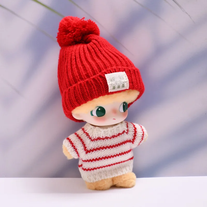 Ubranka dla lalek Dimoo World Blind Box na Boże Narodzenie, pluszowa zawieszka, zestaw ubrań winylowych, sweter w paski z czapką, akcesoria dla lalek
