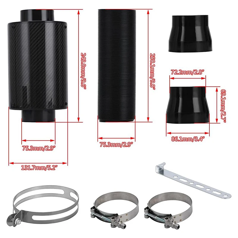 1 مجموعة سيارة عالمية 3 بوصة ألياف الكربون فلتر الهواء البارد تغذية المغلقة مدخل الأنابيب التعريفي خرطوم عدة العالمي #3