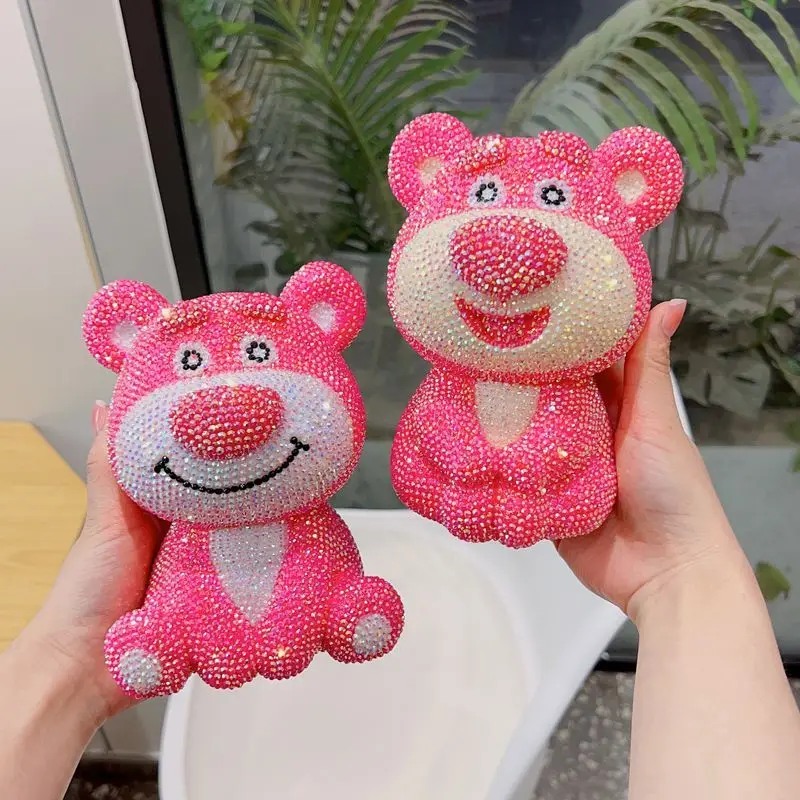 

Strawberry Bear Coin storage box 17cm Rhinestones Crystal Bling Bank Money Boxes Storage Kids Toys Home Decor Money Saving Box