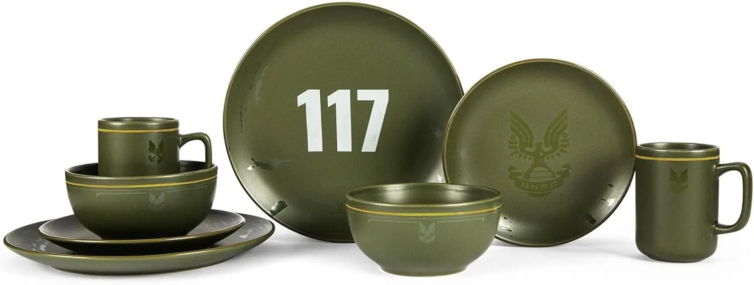 

Набор столовой посуды HALO Master Chief 117, 8 предметов, каменная посуда | Видеоигра-Themed Home Kitchen Essentials | В комплект входит ужин и салат P