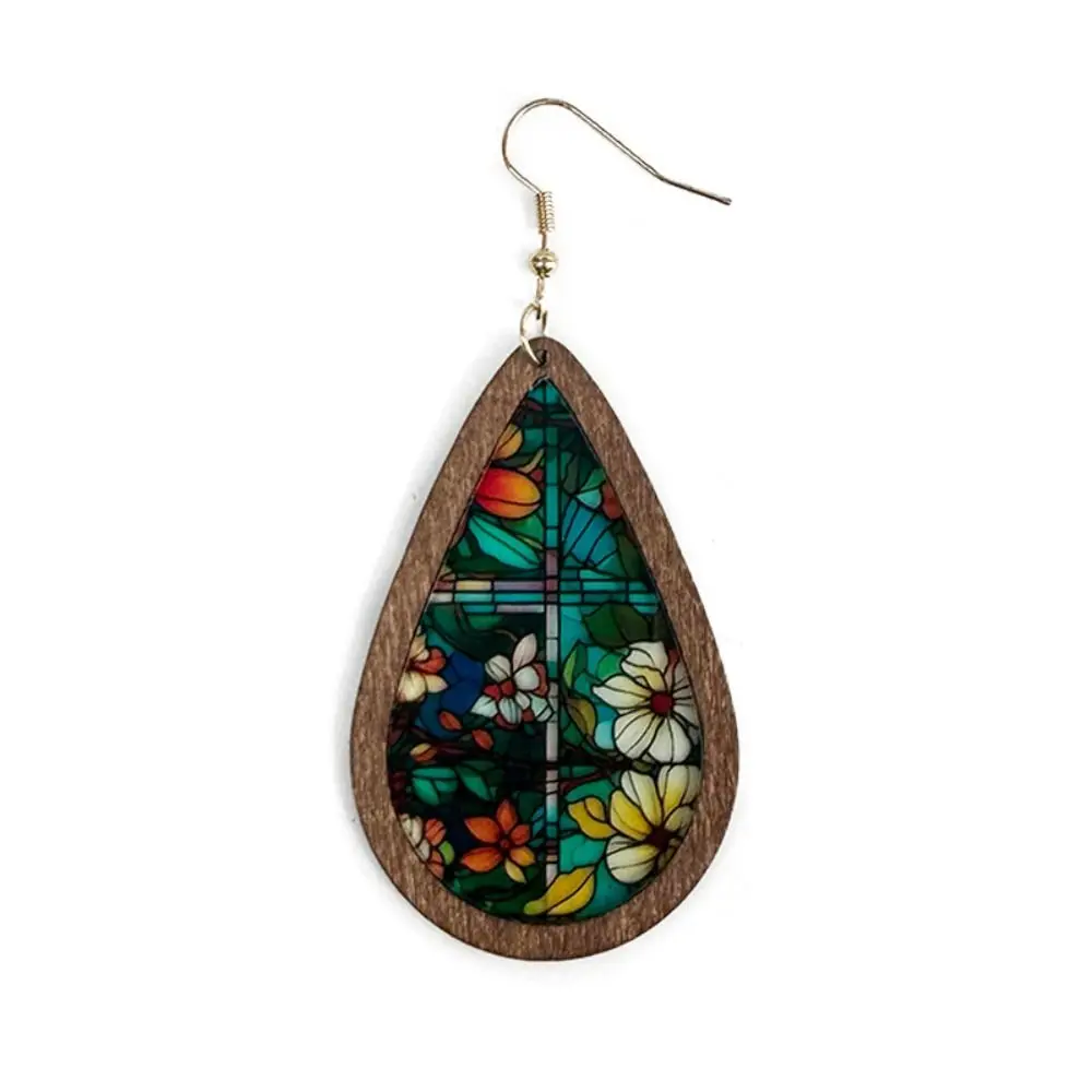 Kaleidoscope Pattern Mosaic Stained Earrings Bright Dangle Earring Colorful Statement Earrings Church Printed Wood