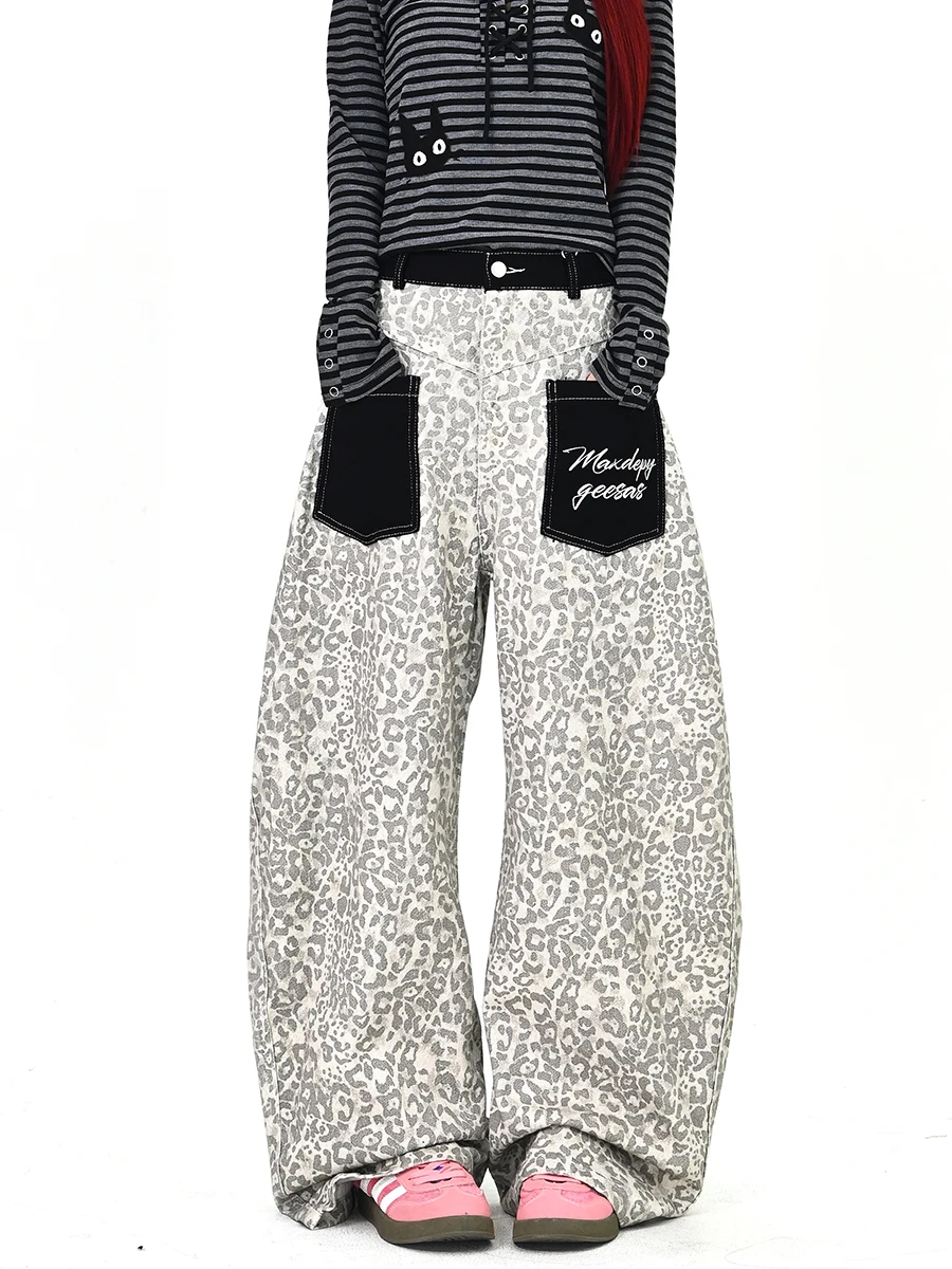 

Bf Sle Leopard Print ket Denim Jeans Women's Loose High Street Knife Trendy Spring New Arrival Comfortable Wear