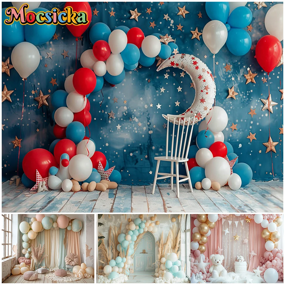Mocsicka Birthday Background Photography Home Balloon Door Bear Photo Decoration Kid Newborn Backdrop Shooting Party Prop Studio