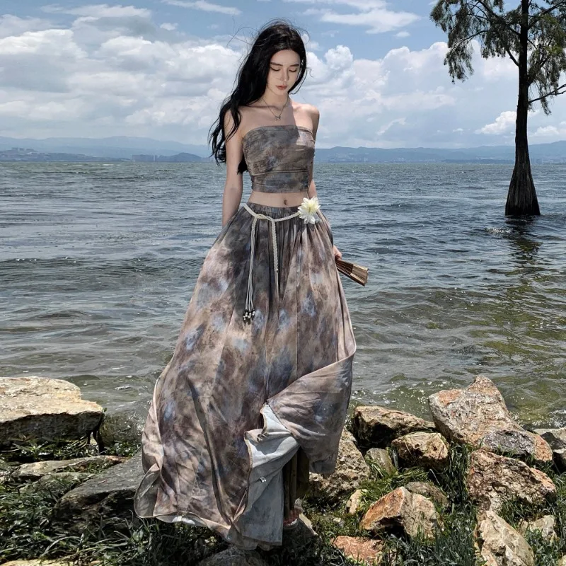 

Beach Vacation Style Suit Women's Summer Tie Dye Strapless Vest Top High Waist A-line Skirt Two-piece Set Fashion Female Clothes