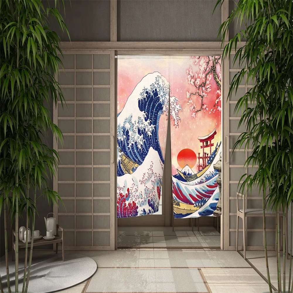 Ocean Waves Japanese Door Curtain Partition Kitchen Doorway Golden Sunlight Linen Noren Decorative Drapes Cafe Restaurant Decor