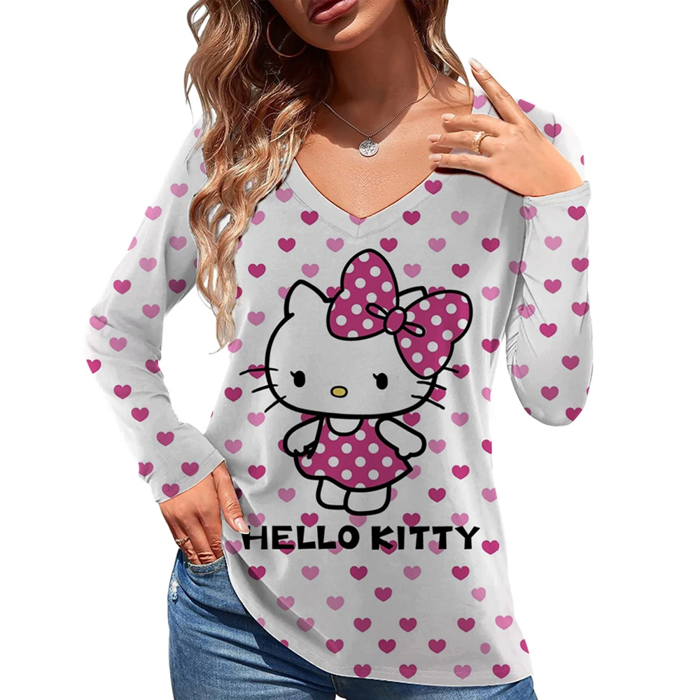 

Женские футболки с длинными рукавами Hello Kitty, кавайная одежда с v-образным вырезом, одежда 2025, новый милый S-3XL, Y2k, модный, высокое качество для отдыха