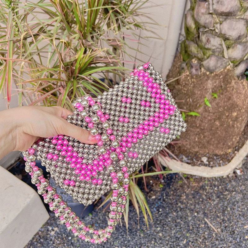 

Metal Gun Color Hand-woven Beaded Pearl Crossbody Bag Pink Flip Polka Dot Tide Contrast Small Square Beach Bags