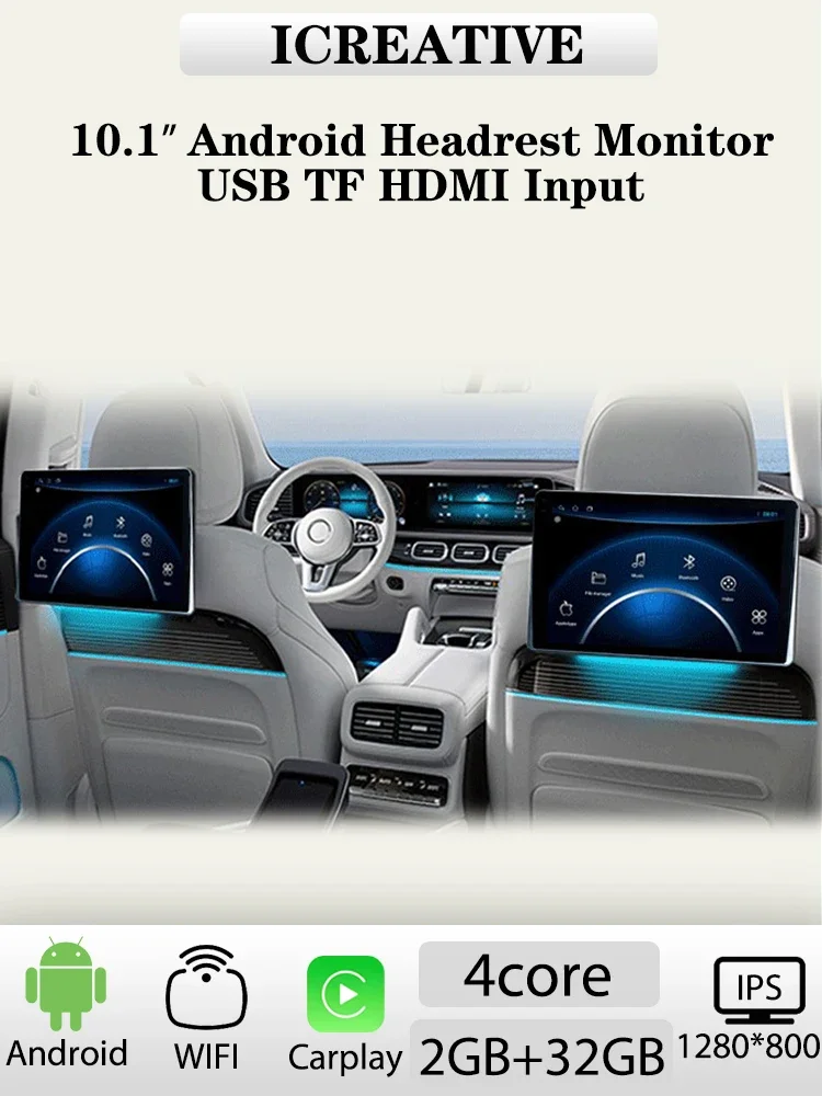 10,1 inch Android hoofdsteunmonitor IPS-display voor auto-achterbanken Entertainment Multimedia Carplay Vedio-speler USB HDMI-ingang - afbeelding 2