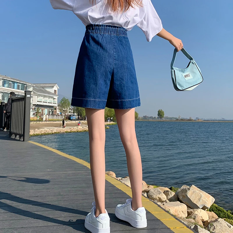 عادية حجم كبير الصيف الدنيم السراويل امرأة فضفاضة واسعة الساق جان السراويل الفضفاضة النساء القطن مرونة الخصر سراويل قصيرة برمودا فام