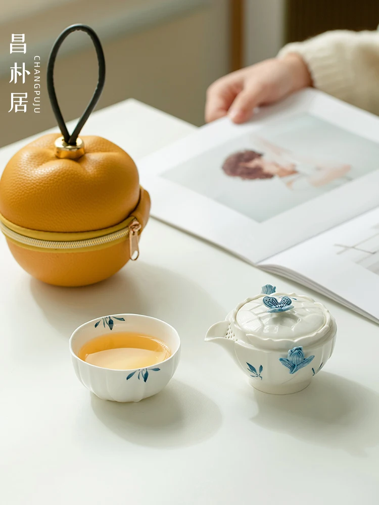 Ceramic Express Cup Butterfly Orchid Portable Travel Tea Set Portable Ladies Tea Set One Pot One Cup Teacup Set