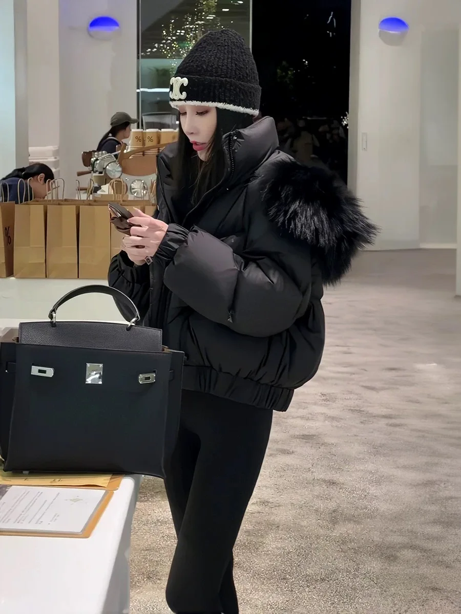 

Korean High-End Bla Hooded Cotton Jaet Women's Winter New Sle Warm Thi ort Outerwear Large Fur Collar Commute