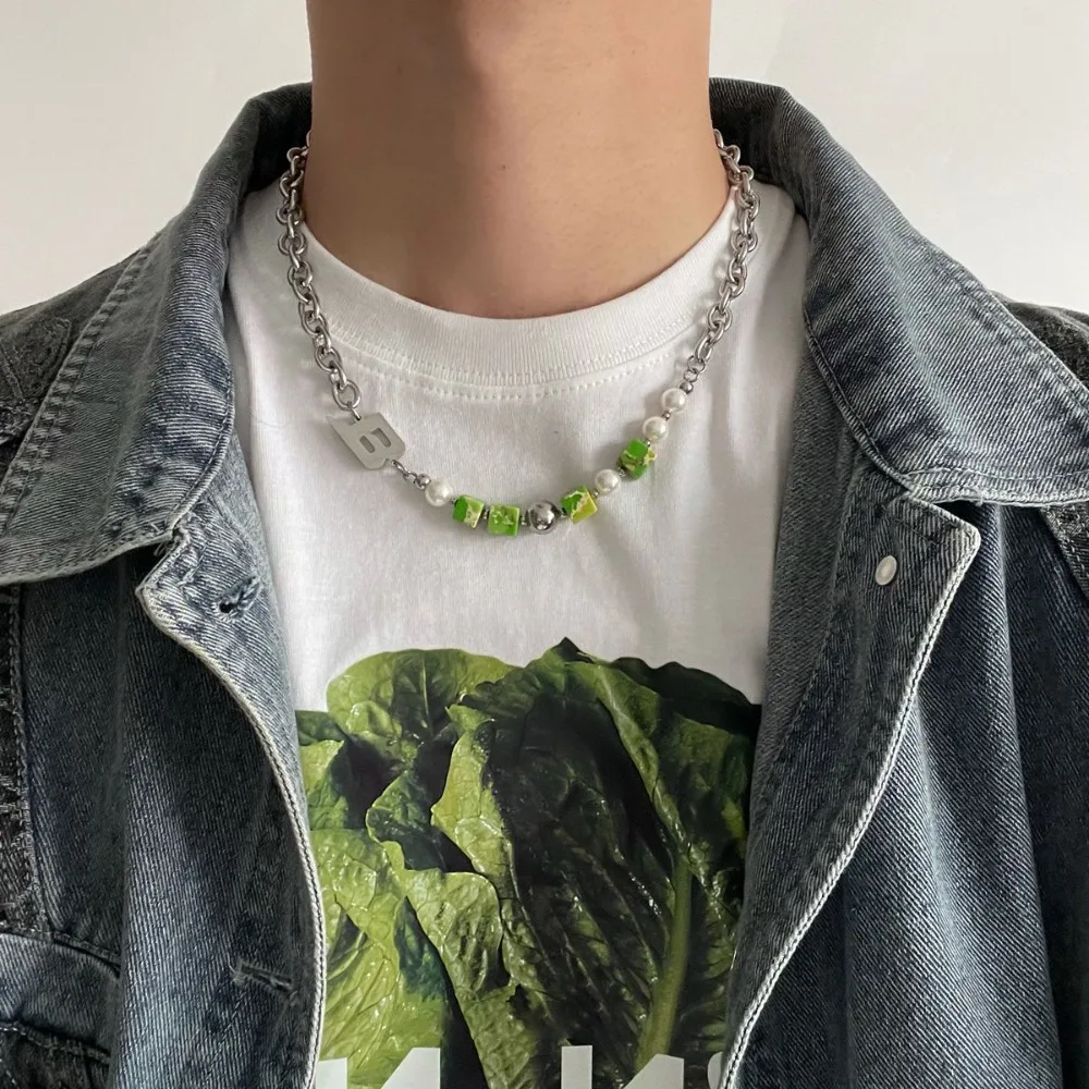 Beaded and Stitched Letter-shaped Necklace for Men Trendy Pearl Necklace with Unique Hip-hop Design and Lockbone Chain
