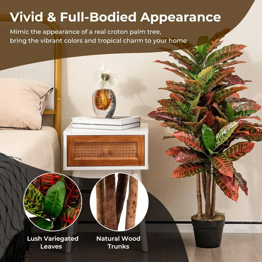 

Artificial Croton Palm Tree, 40’’ Tall Lush Faux Tree in Pot for Home Decor Indoor with Colorful Variegated Leaves