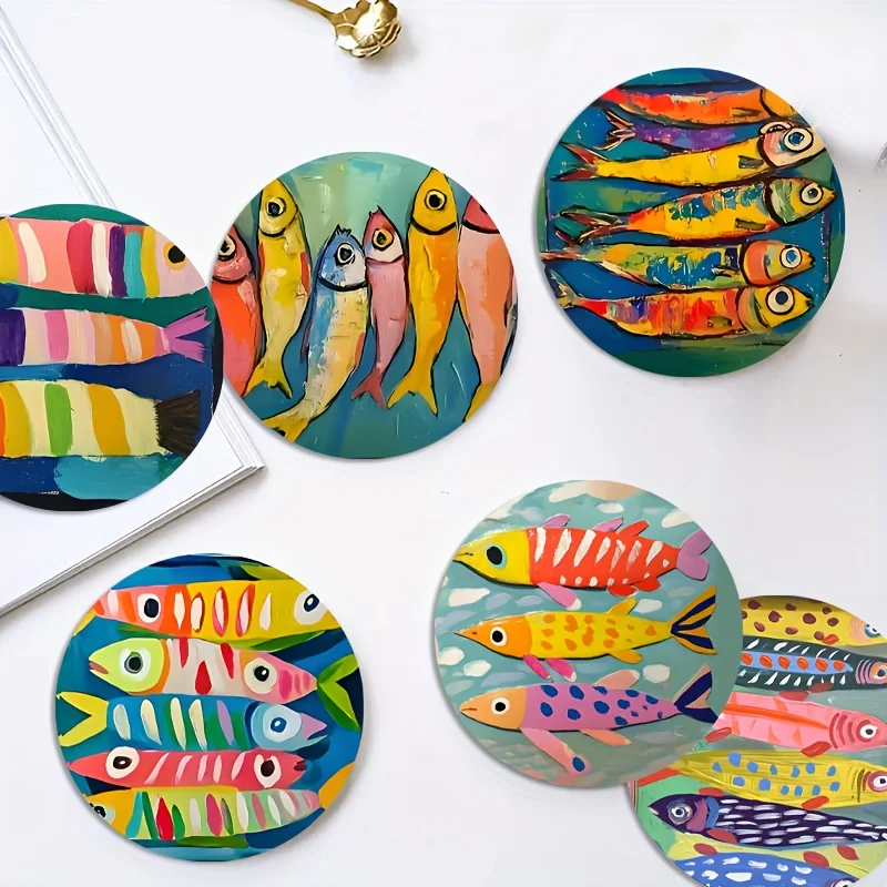 Playful Fish Motif Art 2D 10CM Wooden Cup Mat Heat-Proof Skid-Resistant Surface Guard Dining Cafe Workplace Household Ornament