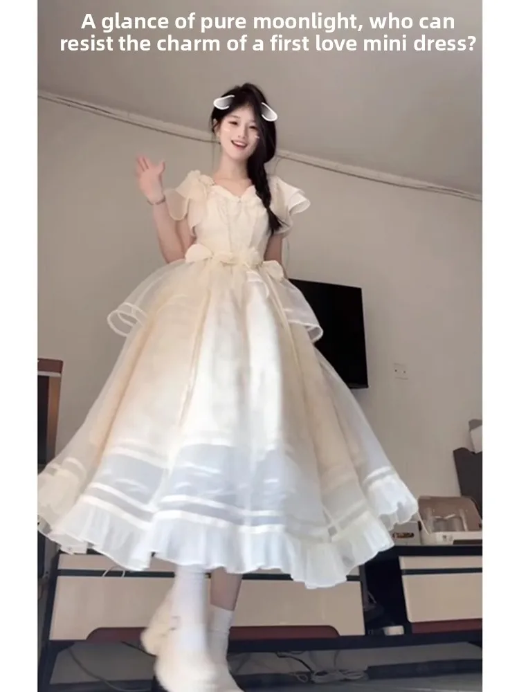 Princ Sle ort Sve Lace Me Dr femmes été 2025 nouvelle jupe gâteau féerique douce jupe trapèze en Fiber de Polyester