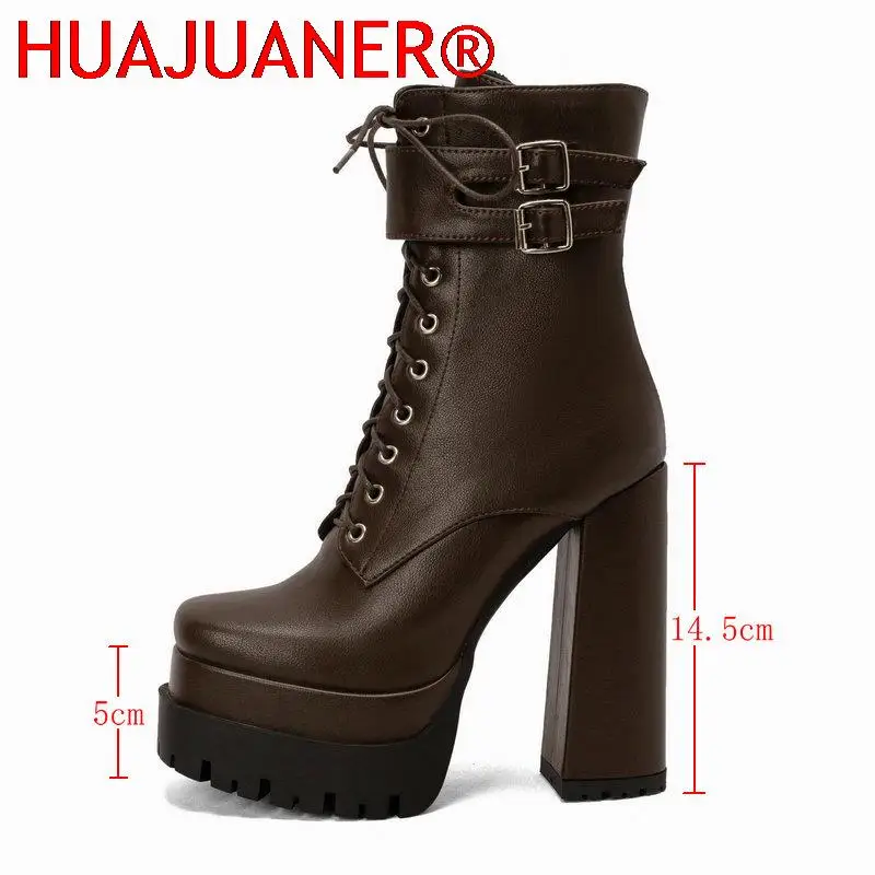 Doppel plattform Frauen Punk Stiefel Square Toe Super High Heel Stiefeletten Schnürung Reiß verschluss Motorrads tiefel Herbst Winter Damenschuhe