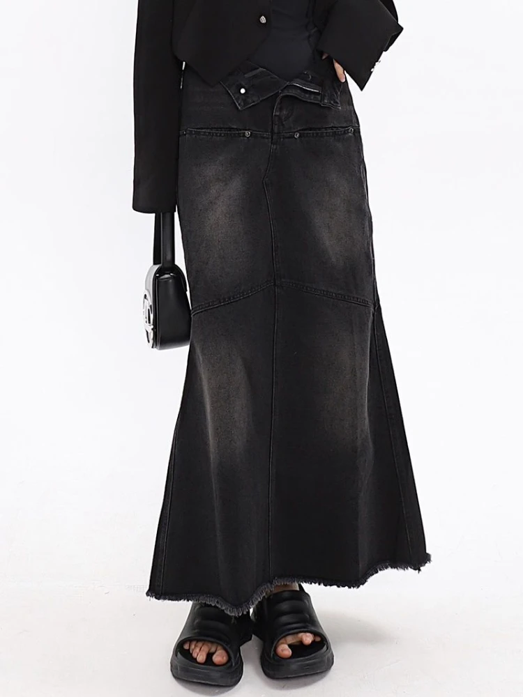 Denim Maxi Skirts Women Black Washed Vintage High Waist Summer Elegant Streetwear Y2k Clothes All-match Youth Retro Faldas Mujer