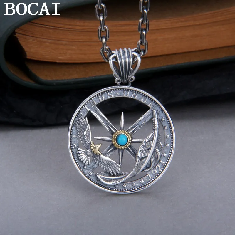 

BOCAI NEW S925 Pure Silver Lndian Navigation Hexagram Star Eagle Feather Hollow Disk Pendant