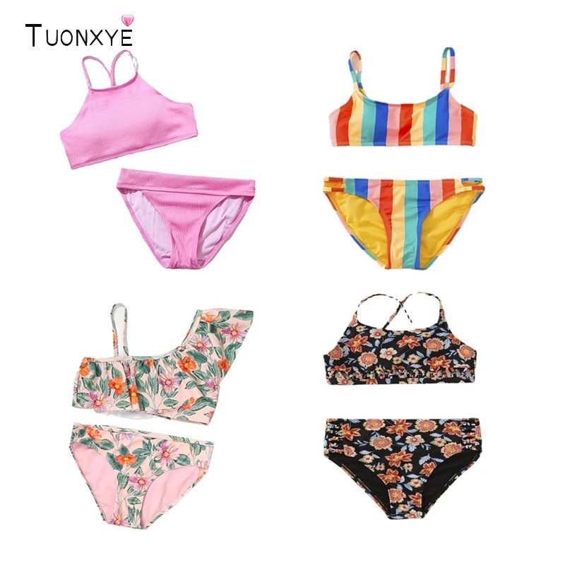 TUONXYE Girls Swimwear Swimsuits Outfits Off Shoulder Crop Top Floral Print Briefs Set Children Bikini Beachwear Bathing Suits