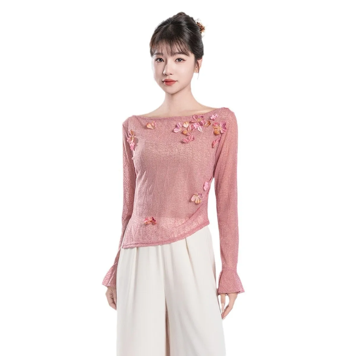 زي الرقص الكلاسيكي على شكل زهرة مطرزة بأكمام طويلة، ملابس ممارسة التدريب الأساسية للرقص الصيني الحديث اليومي #5