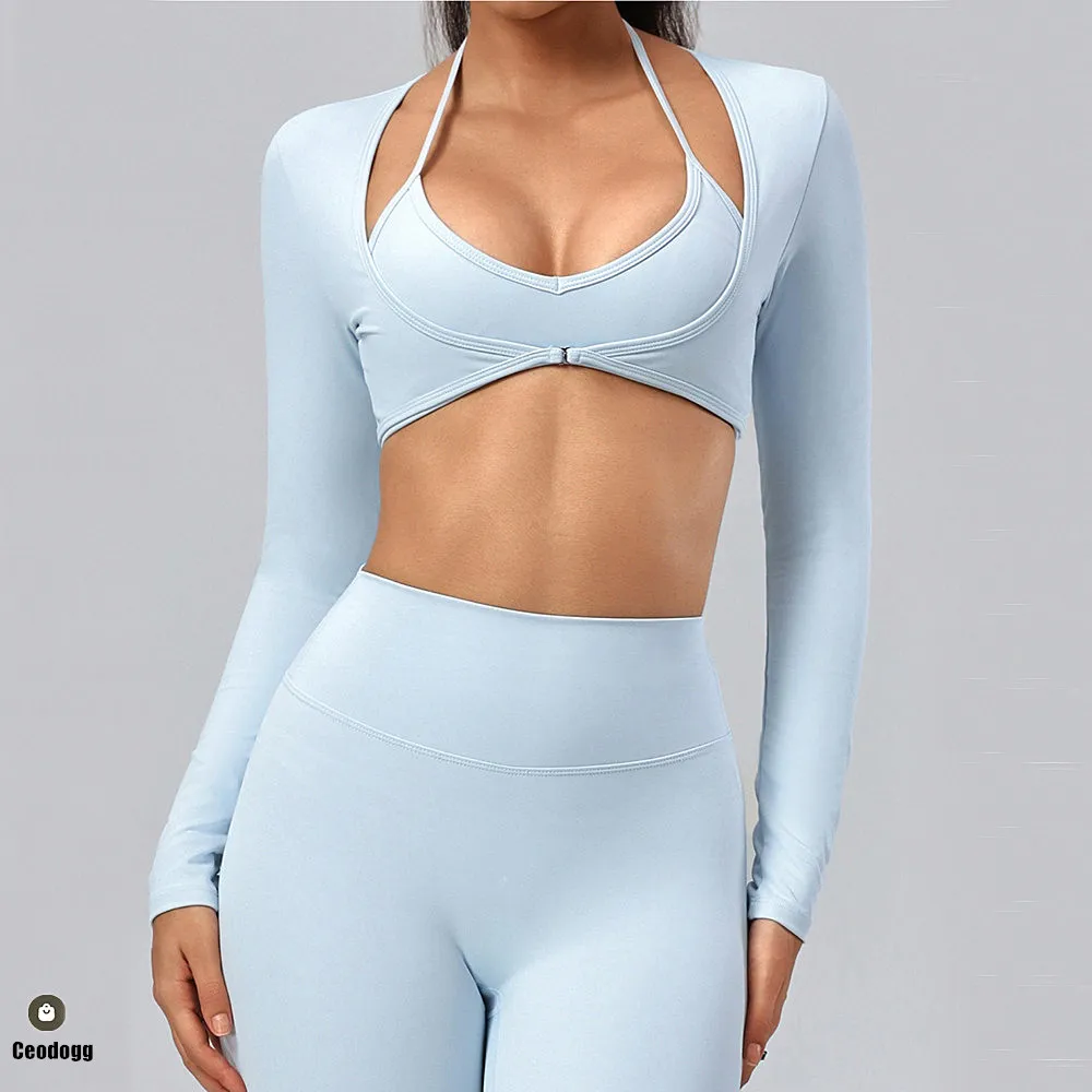 Front Open Buckle Women Sports Crop Tops Long Sleeve Yoga Shirt Quick Dry Fitness Shurg Gym Dance Workout Wrap Active Wear XP79