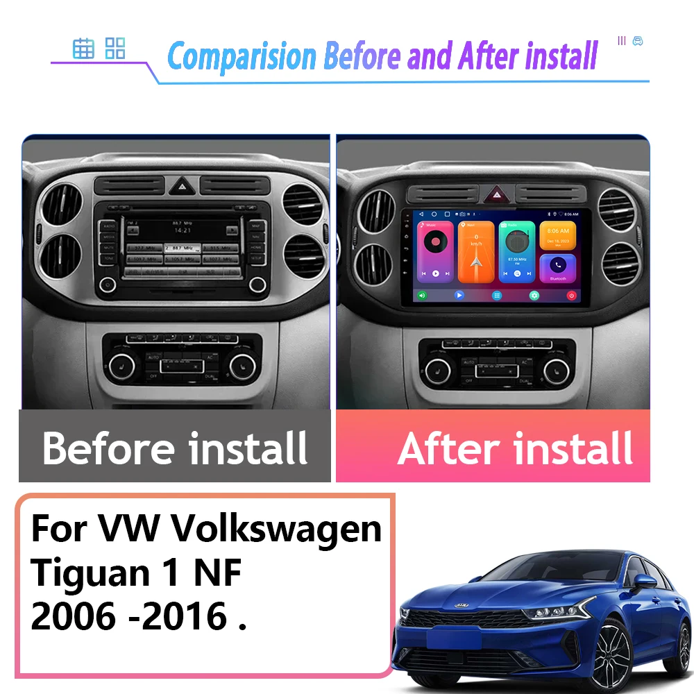 وحدة رأس راديو السيارة 4G WiFi Android 15 Auto Carplay GPS والملاحة مشغل وسائط متعددة لشركة فولكس فاجن فولكس فاجن تيجوان 1 NF 2006 -2016.