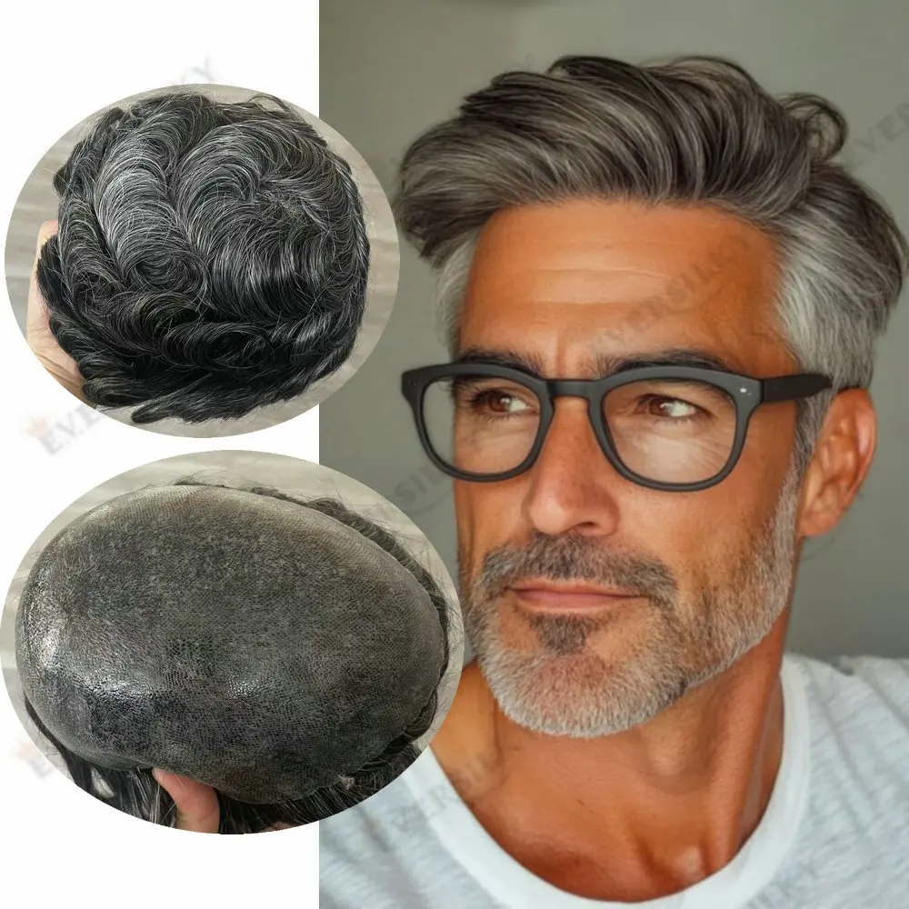 

Old Man Toupee 1b40 1b80 Gray Black Human Hair Male Hair Prosthesis 30mm Wave Natural Hairline Super Durable Thin Poly Skin Base