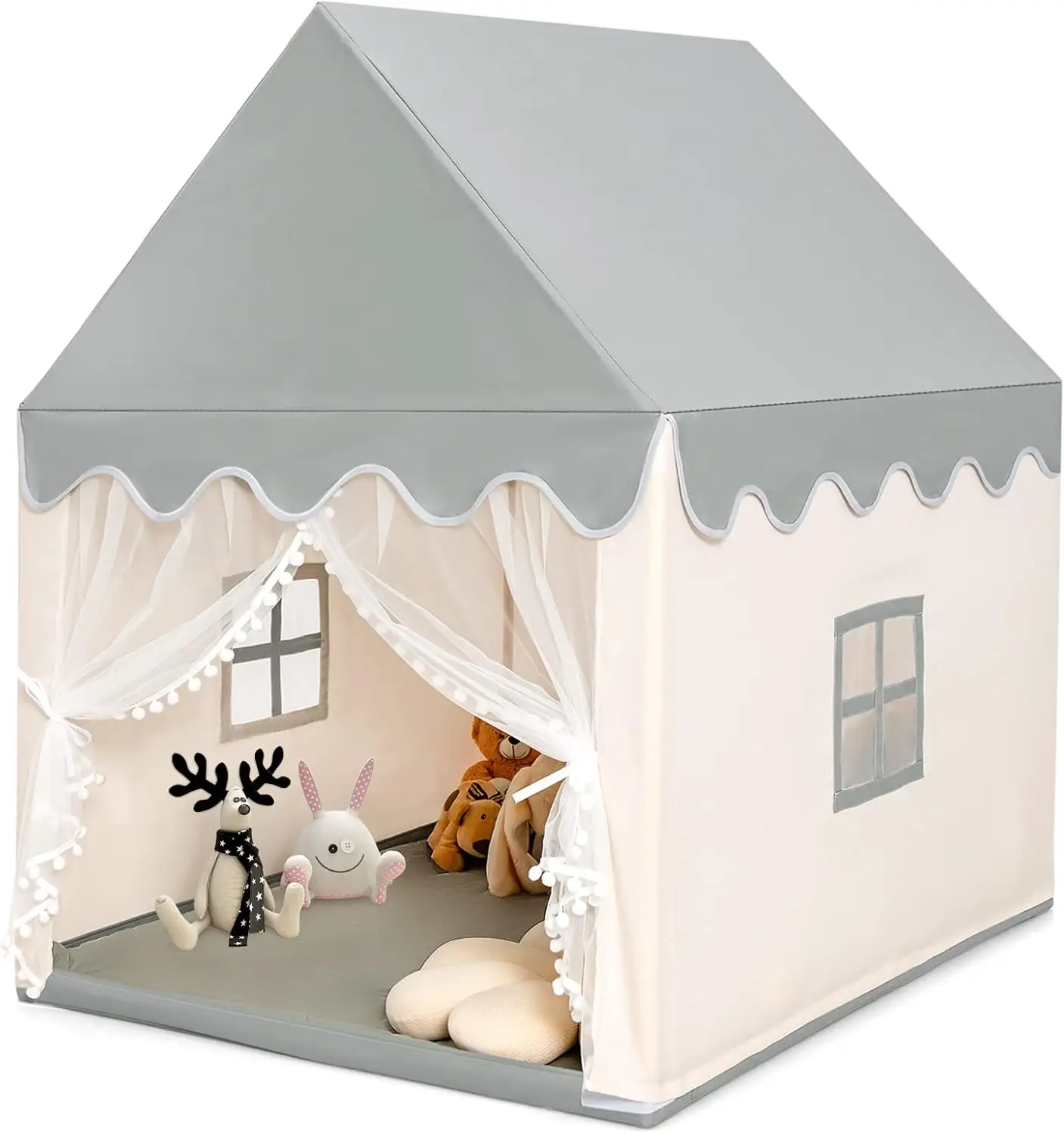 Tienda de juegos para niños, casa de juegos grande con tapete lavable, ventanas, marco de madera maciza, tienda de princesa para interiores y exteriores para niños y niñas