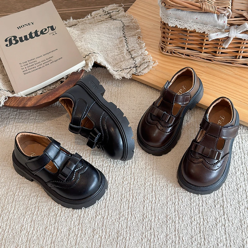 Kids T-Strap Mary Jane Shoes Retro Hollow-out Bow Girls School Uniform Shoes Soft Thick Bottom Non-slip Children's Leather Shoes